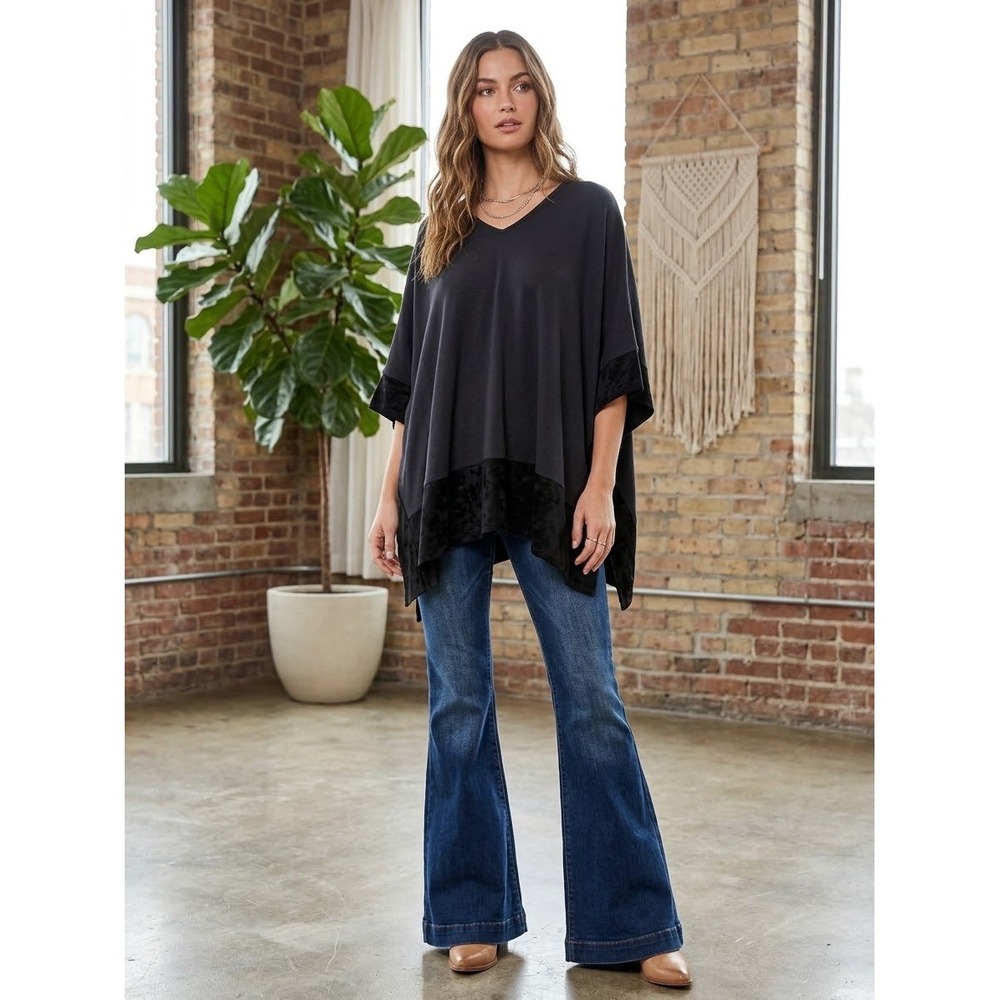Ecru Womens Black V-Neck Oversized Poncho Top Genuine Suede Trim L Boho Festival
